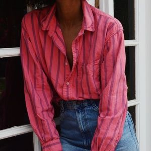 Flamingo Pink with periwinkle blue striped shirt